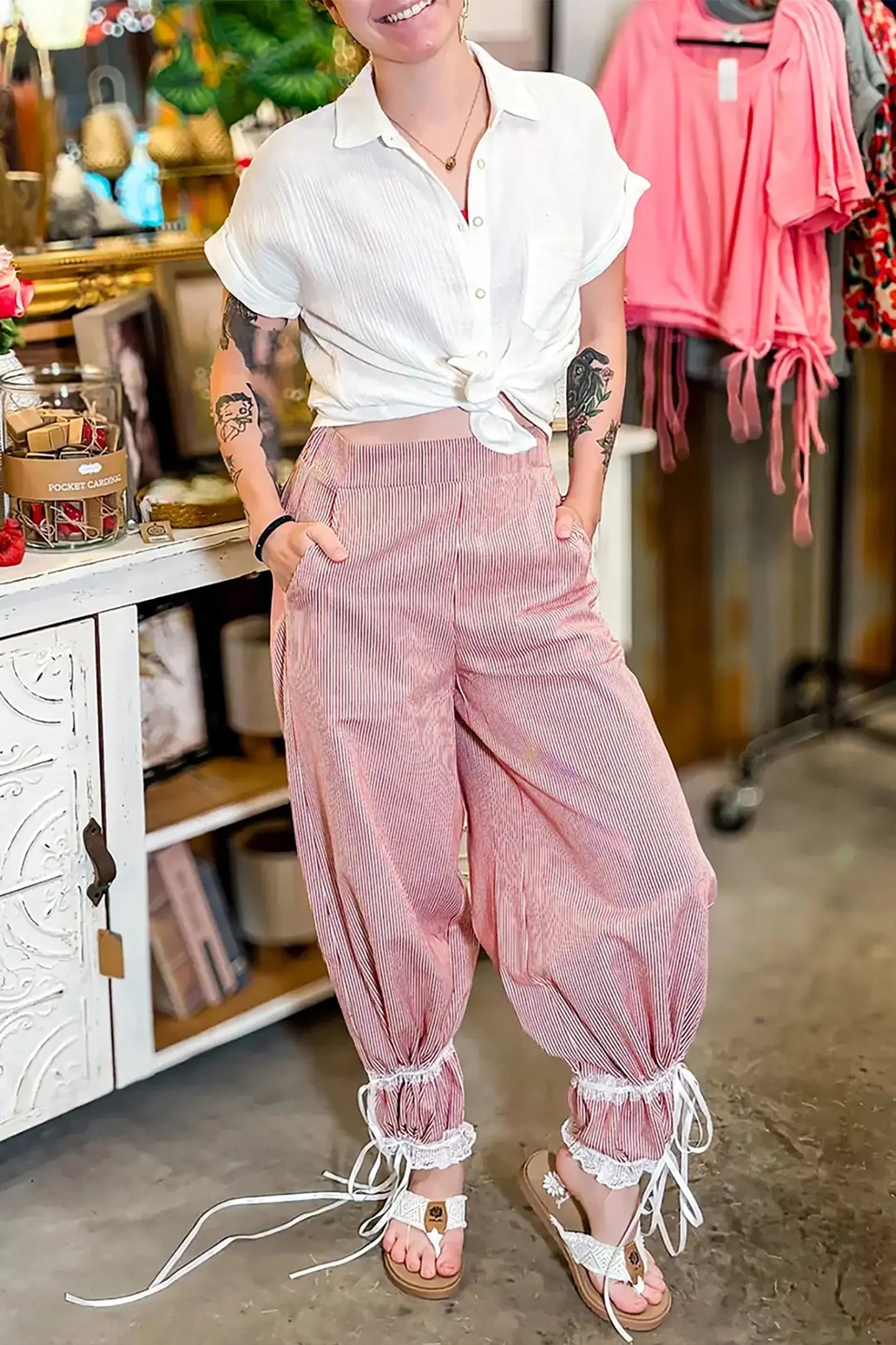 Red Stripe Contrast Lace Ribbon Tie Detail Wide Leg Pants Dear-Lover Dropshipping