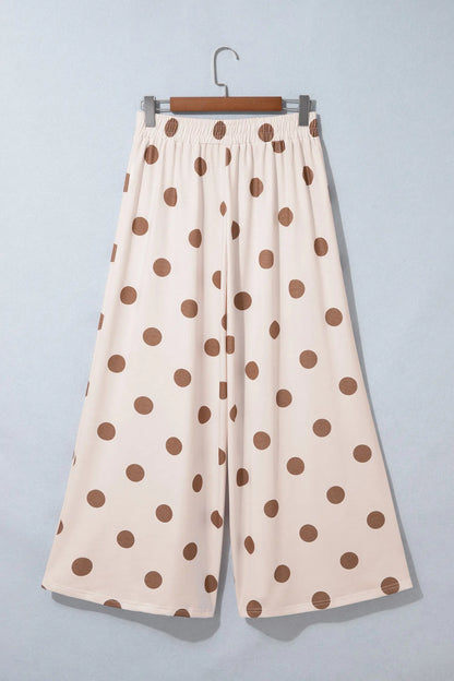 Brown Polka Dot Wide Leg Elastic Waist Casual Pants