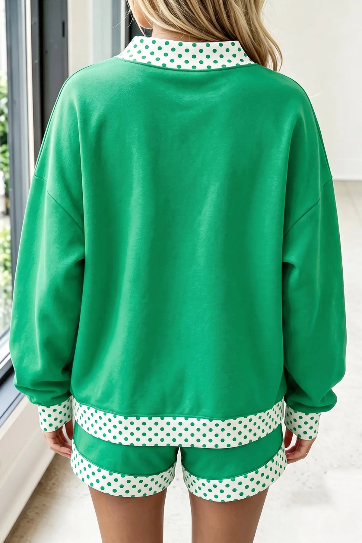 Polka Dot Trim Baggy Pullover 2pcs Short Set