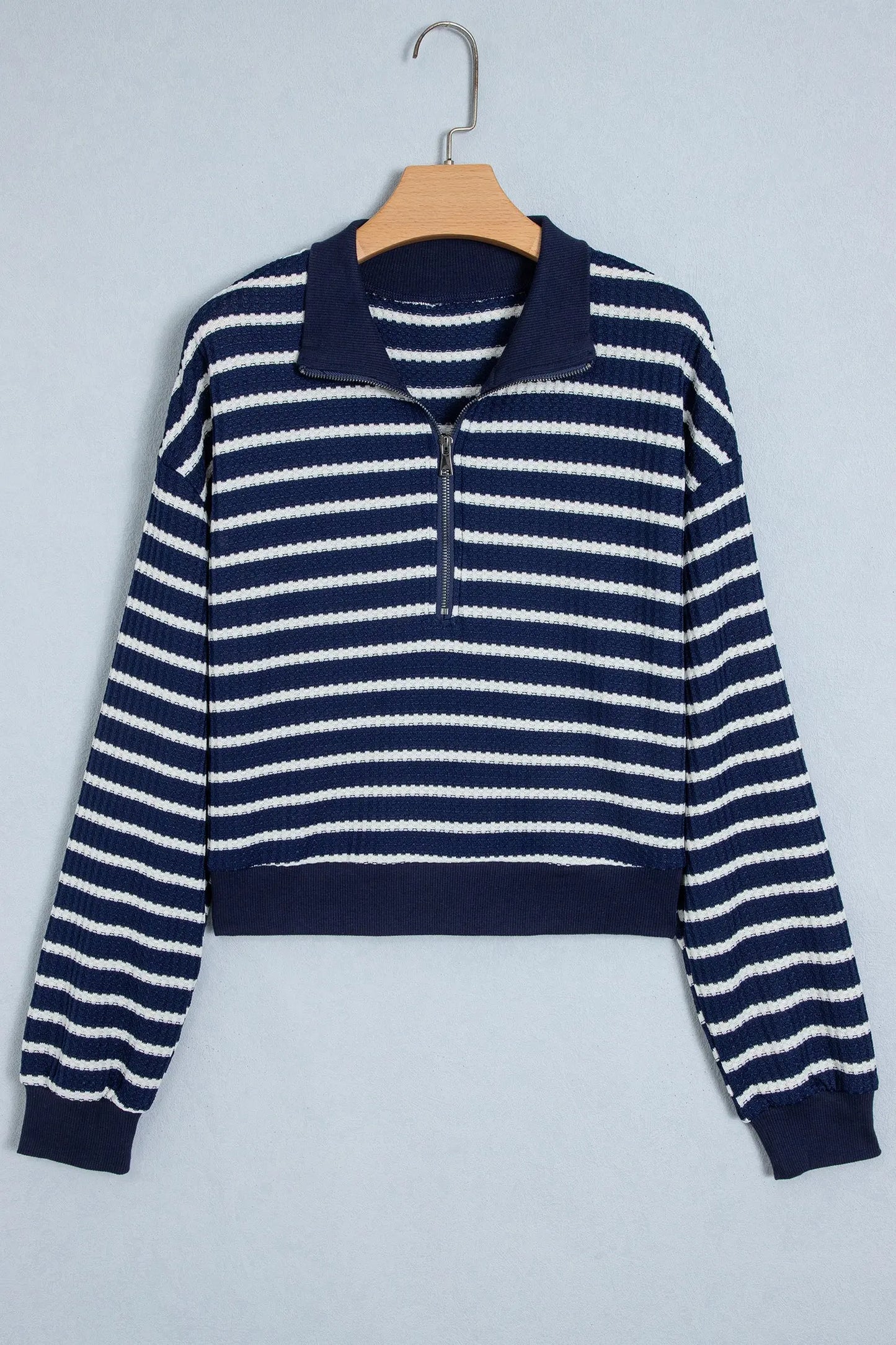 Blue Stripe Textured Knit Half Zip Collared Long Sleeve Top