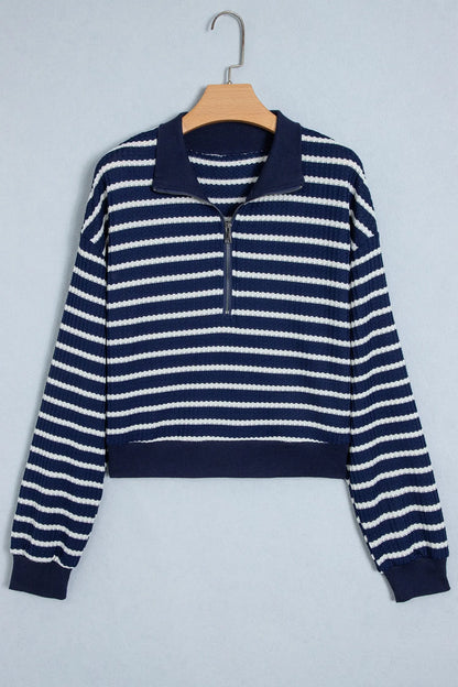 Blue Stripe Textured Knit Half Zip Collared Long Sleeve Top