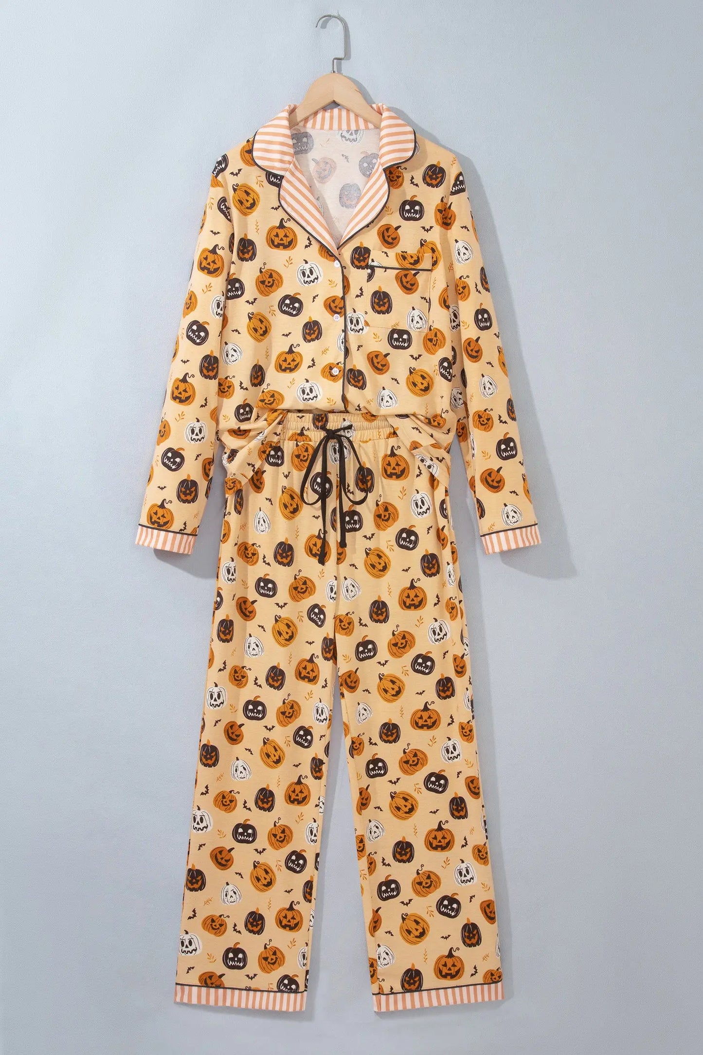 Orange Halloween Pumpkin Print Two Piece Long Sleeve Lounge Set