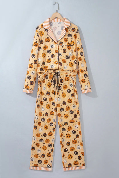 Orange Halloween Pumpkin Print Two Piece Long Sleeve Lounge Set