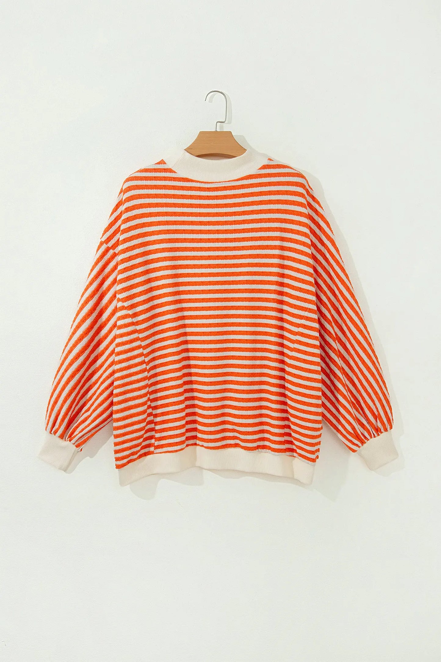 Orange Stripe Striped Textured Stand Neck Oversized Long Sleeve Top