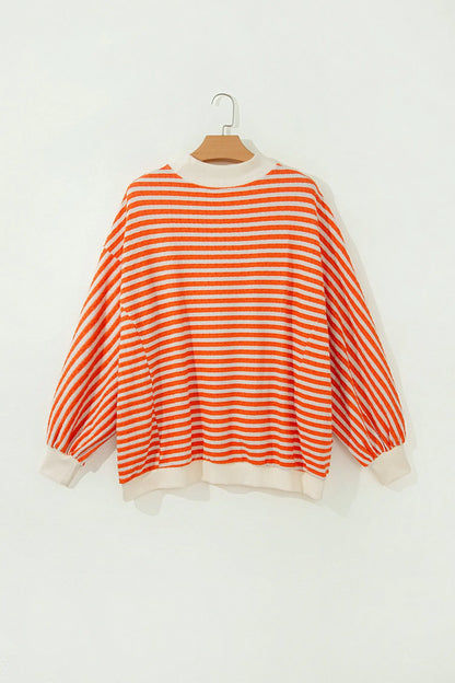Orange Stripe Striped Textured Stand Neck Oversized Long Sleeve Top
