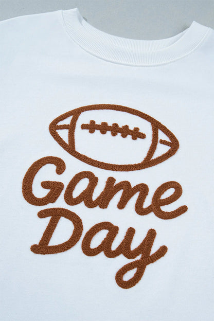 White Embroidered Slogan Game Day Rugby Pattern Crewneck Sweatshirt