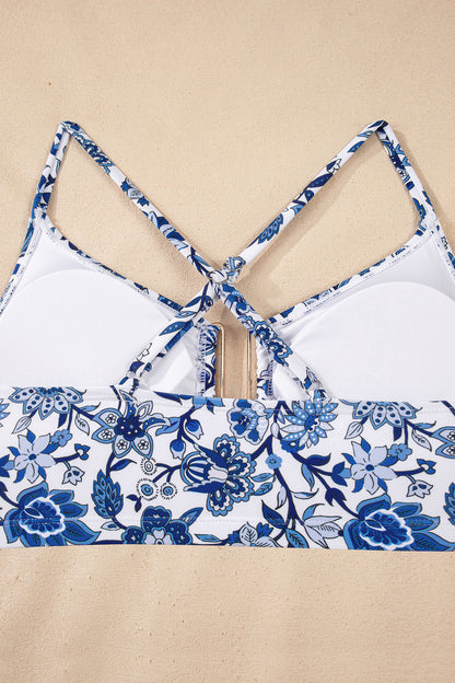 Blue Floral Print Hardware Accent Notched Neck High Waist Bikini Set