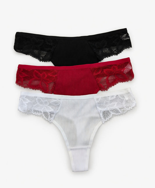 Pack of 3 stretch thong with lace combination 95% cotton
