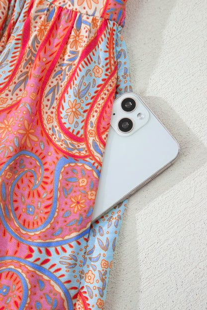 Multicolour Paisley Print V-Neck Short Sleeve Boho Maxi Dress with Ruffle Details