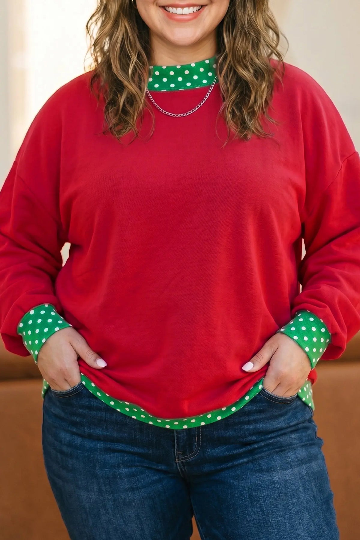 Tillandsia Purple Polka Dot Patchwork Round Neck Plus Size Sweatshirt