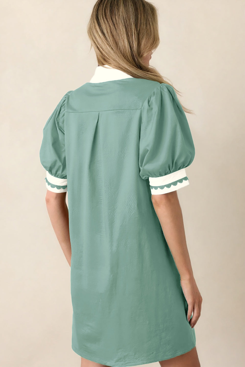 Canton Scallop Color Block Trim Puff Sleeve Mini Dress - Casual Dresses