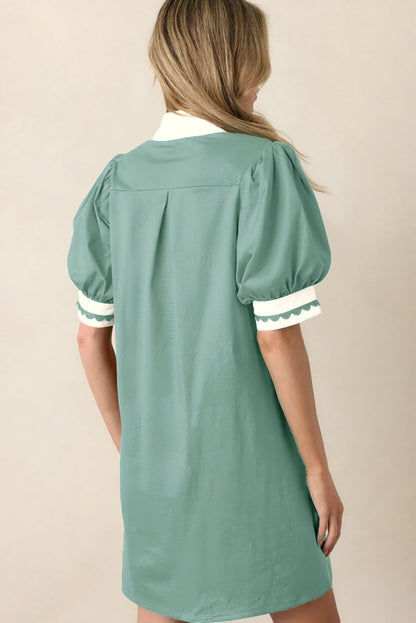 Canton Scallop Color Block Trim Puff Sleeve Mini Dress - Casual Dresses