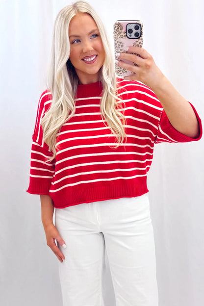 Red Stripe Dropped Shoulder Half Sleeve Relaxed Knit Sweater