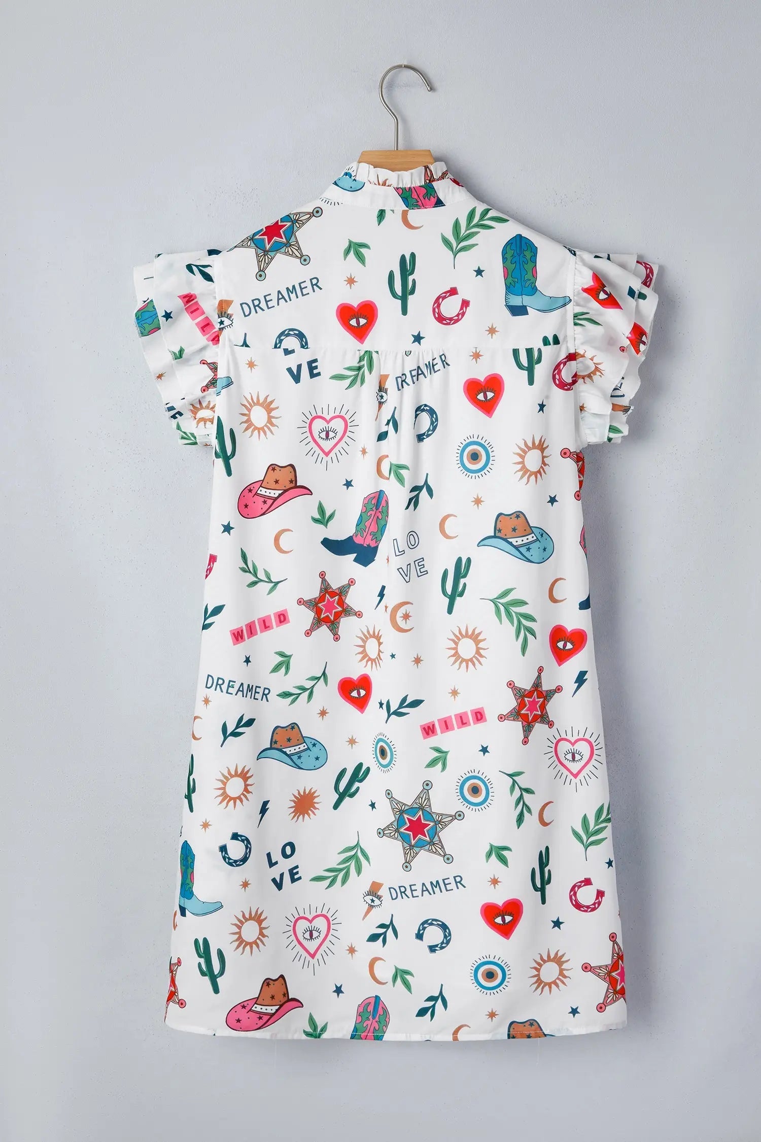 White Western Print Flutter Sleeve Button Down Mini Dress - Dresses/Mini Dresses
