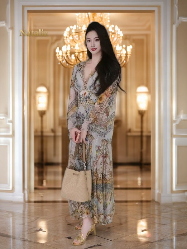 Baroque Floral Print V-Neck Maxi Dress model front view