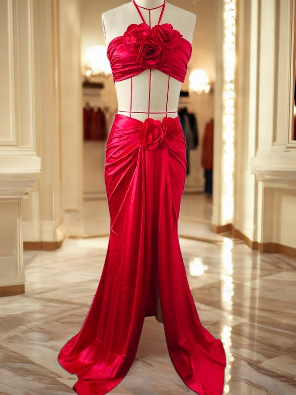 Red Rosette Halter Crop Top and Maxi Skirt Set mannequin view · nz-bg-v1
