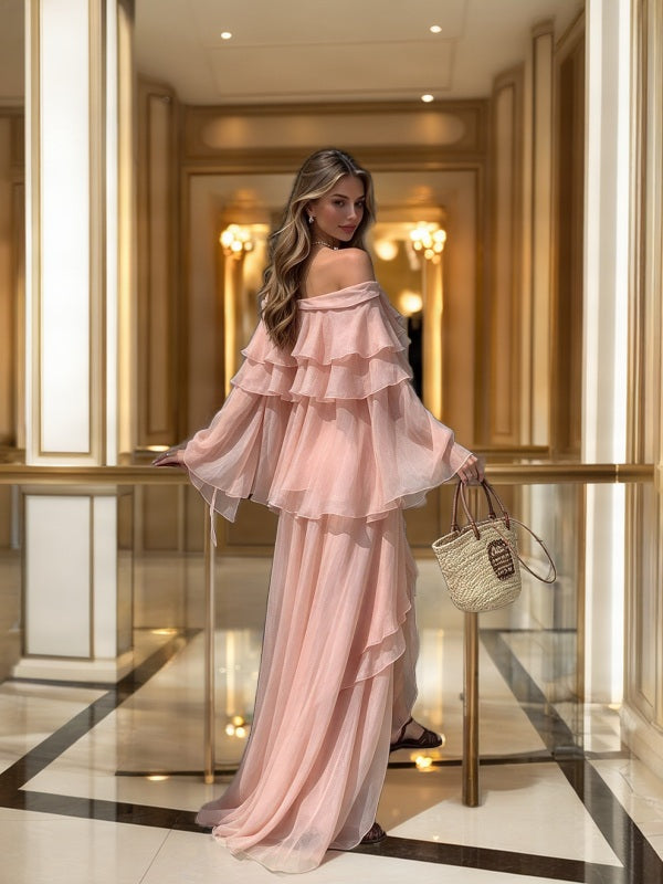 Off-Shoulder Ruffle Maxi Dress in Blush Pink model back view · nz-bg-v1