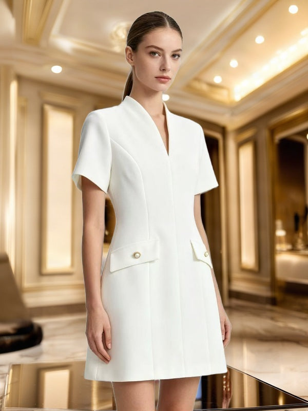 Tailored V-Neck Mini Dress with Pocket Flaps model front view · nz-bg-v1