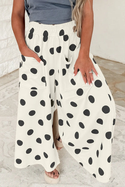 Brown Polka Dot Wide Leg Elastic Waist Casual Pants