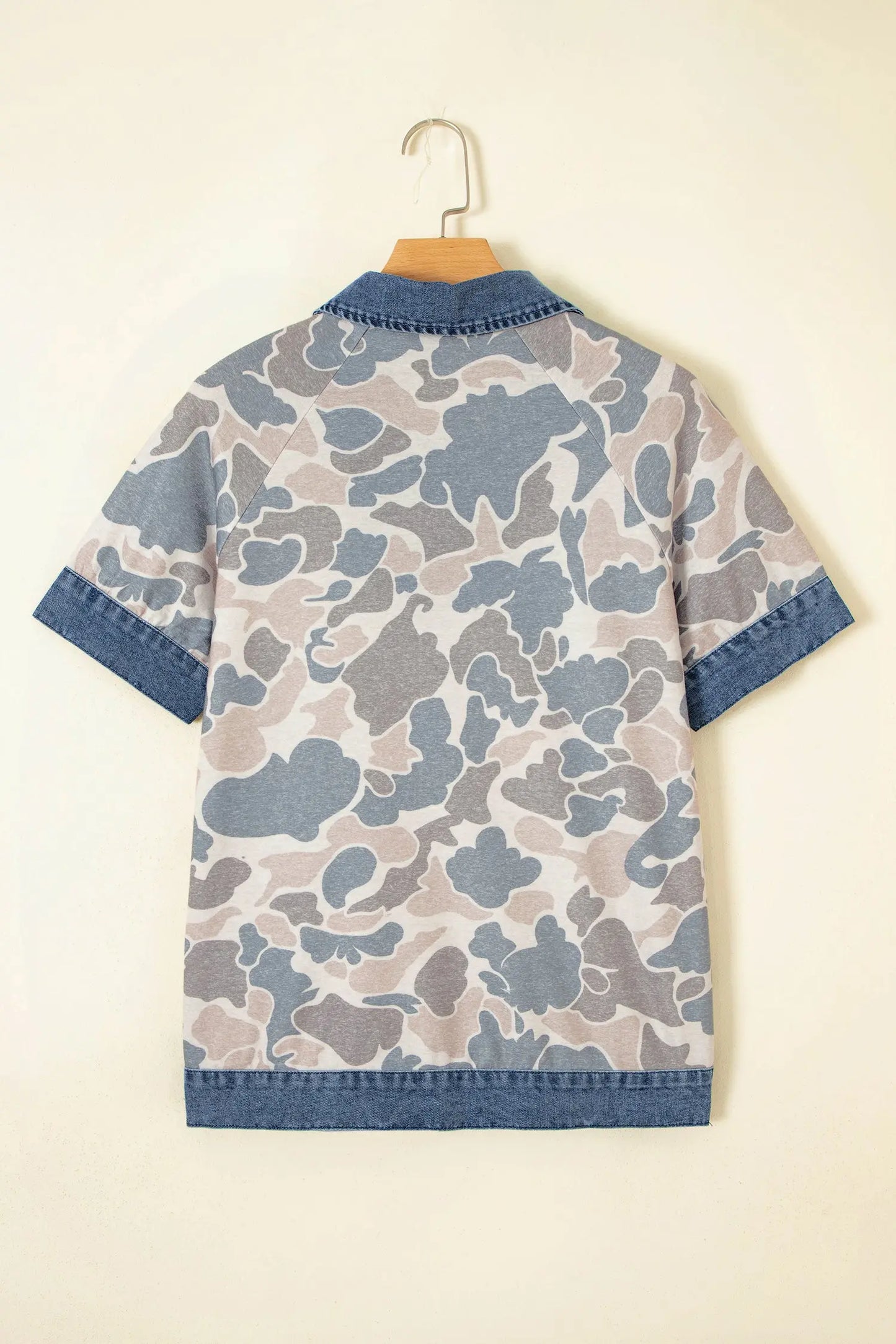 Multicolour Camouflage Print Denim Patchwork Polo Collar Tee