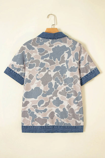 Multicolour Camouflage Print Denim Patchwork Polo Collar Tee