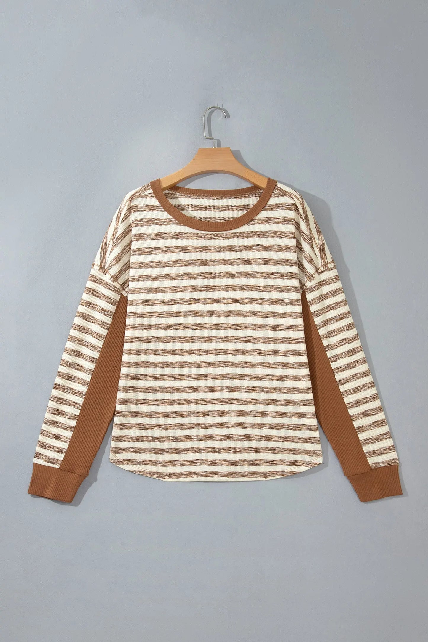 Brown Stripe Textured Knit Color Block Trim Long Sleeve Round Neck Top