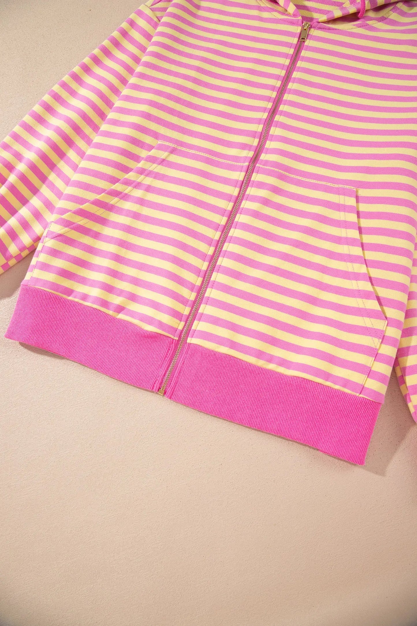 Rose Red Striped Long Sleeve Zip-Up Hoodie Drawstring Elastic Waist 2pcs Short Set
