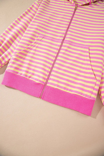Rose Red Striped Long Sleeve Zip-Up Hoodie Drawstring Elastic Waist 2pcs Short Set