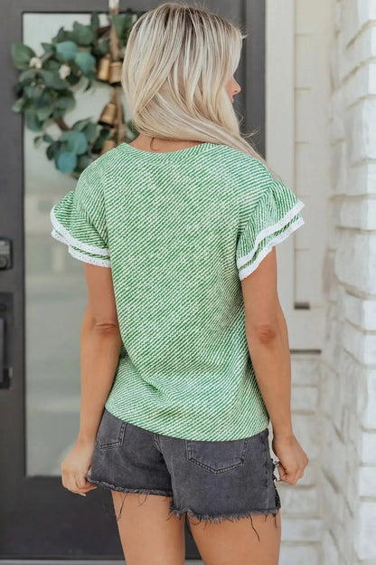 Clearly Aqua Twilled Print Lace Trim Ruffled Short Sleeve Blouse Nataliz
