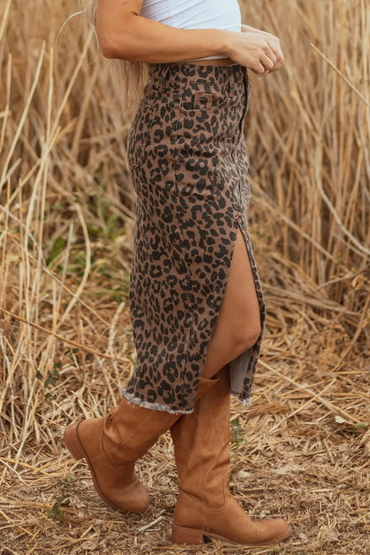 Brown Leopard Print Side Split Frayed Hem Denim Midi Skirt