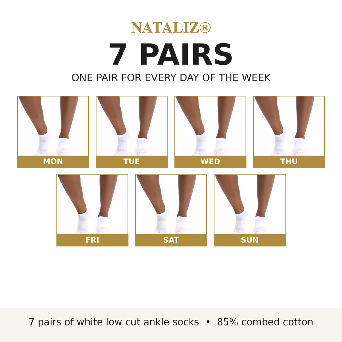 Nataliz® 7 pairs of white ankle socks, one pair for every day of the week