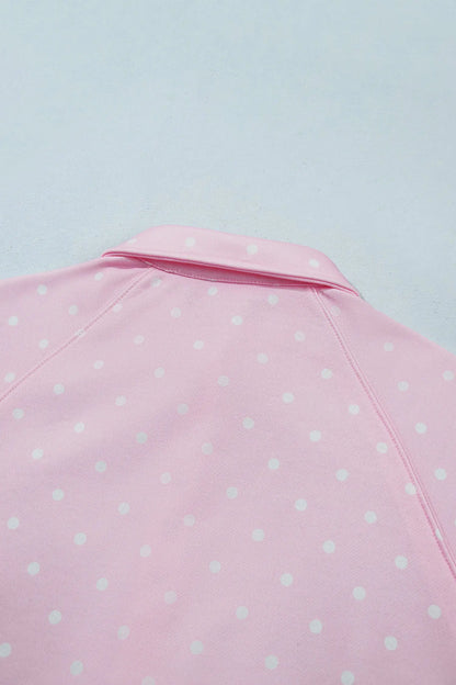 Pink Polka Dot Print Metal Button Collar Casual Pullover Sweatshirt