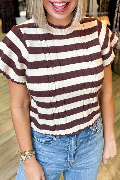 Brown Stripe Ribbed Knit Cable Detail Short Sleeve Sweater