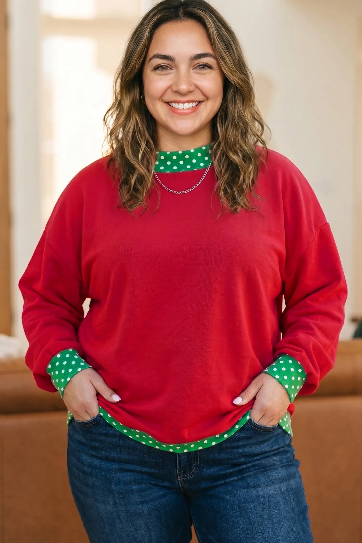 Tillandsia Purple Polka Dot Patchwork Round Neck Plus Size Sweatshirt