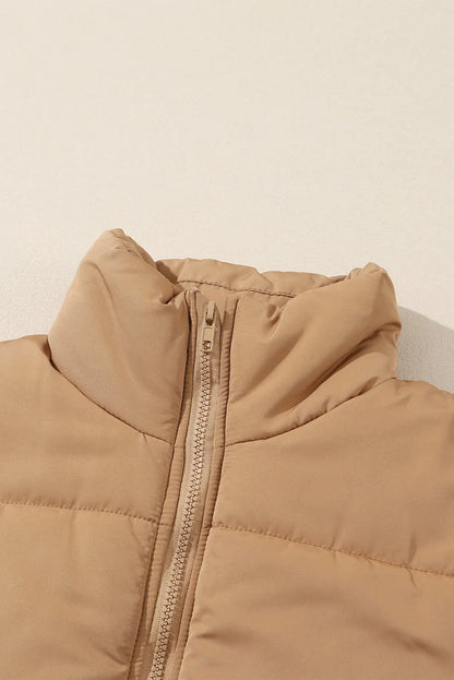 Khaki Oversized Stand Collar Zip Winter Vest