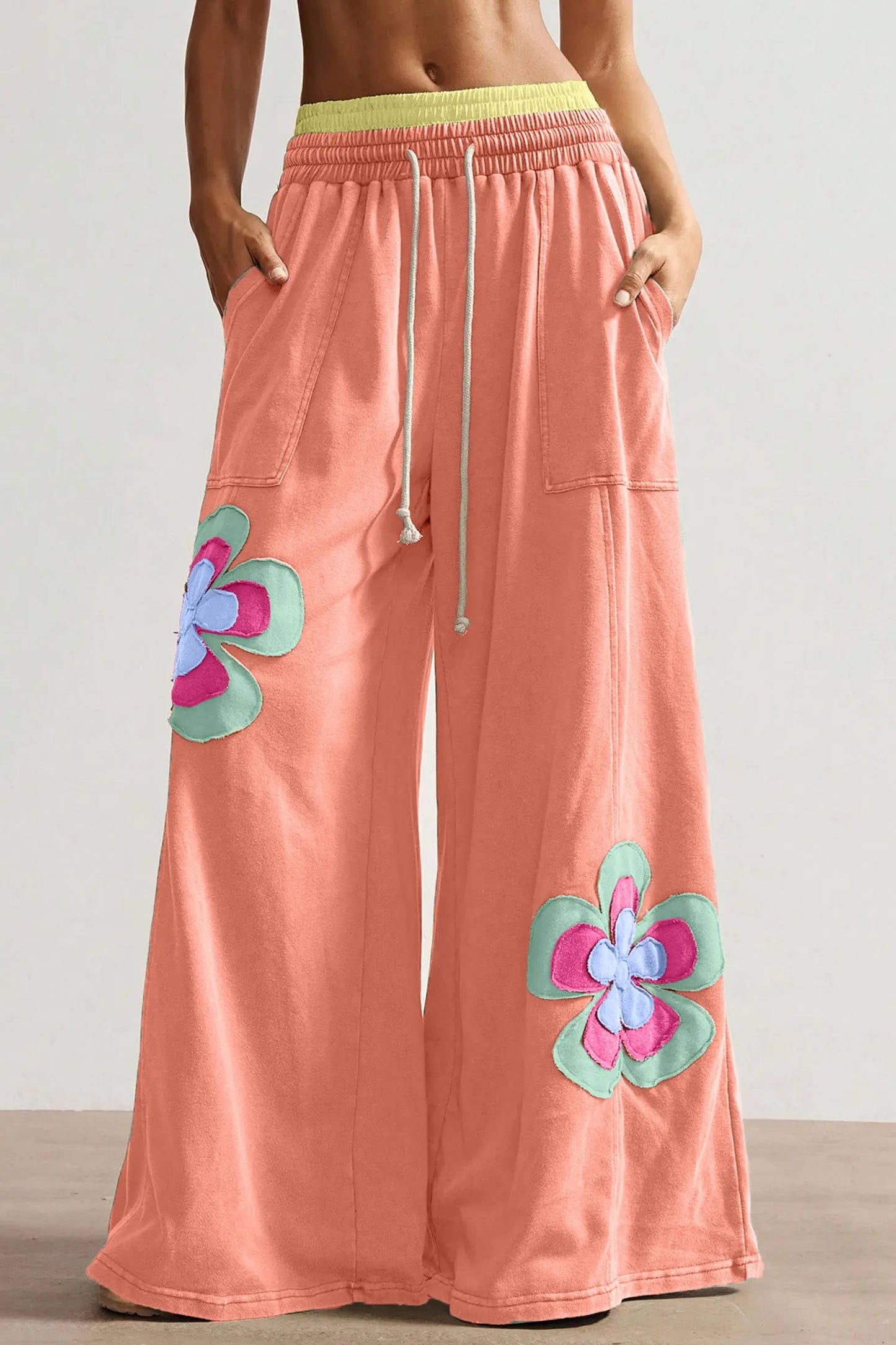 Grapefruit Orange Color Block Flower Patchwork Drawstring Contrasted Elastic Waist Wide Leg Pants Nataliz