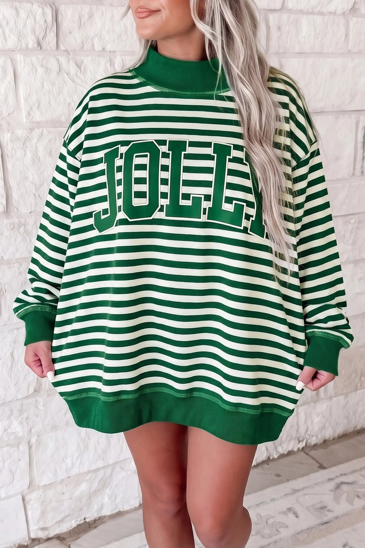 Stripe Christmas Slogan Embroidery Patched Mock Neck Oversized Sweatshirt
