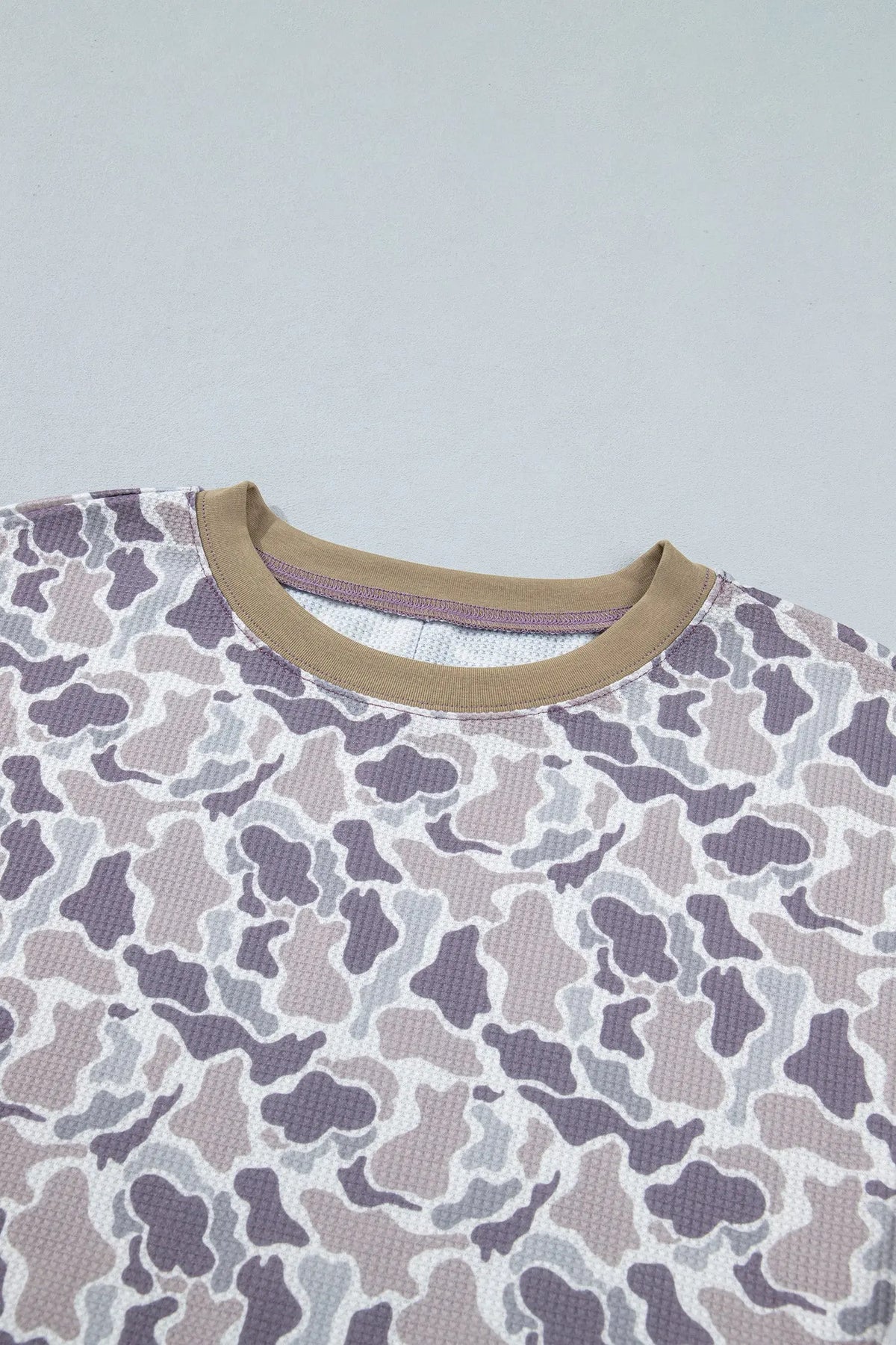 Khaki Camouflage Print Textured Knit Color Block Trim Long Sleeve Top