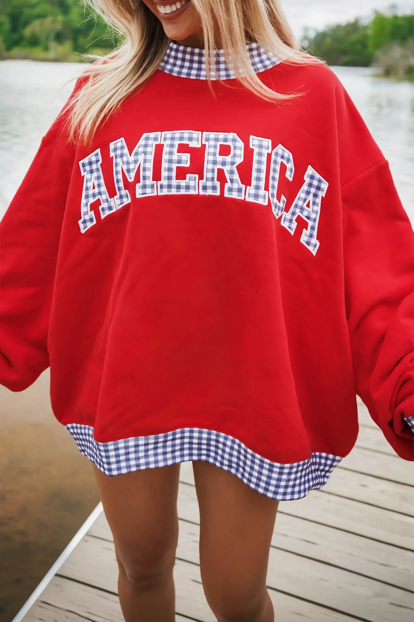 Red Plaid Trim High Neck AMERICA/ USA Letter Graphic Baggy Sweatshirt
