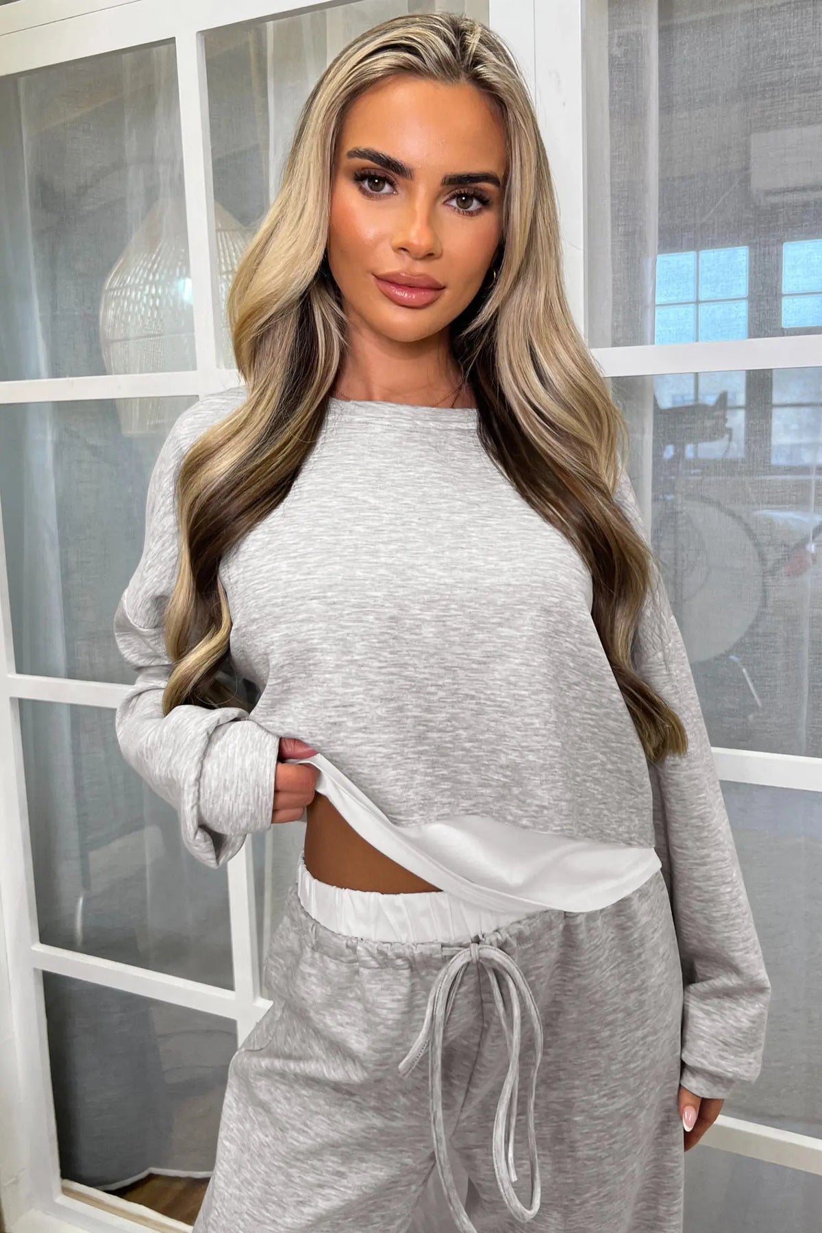 Color Contrast Overlay Long Sleeve Top Drawstring Loose Pant Set