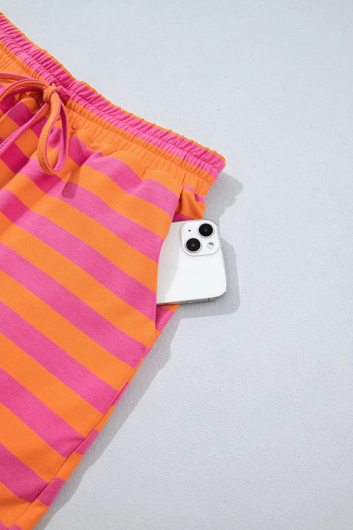 Orange stripe color block patchwork mock neck pullover drawstring mini skort set detail view · nz-alt-v1
