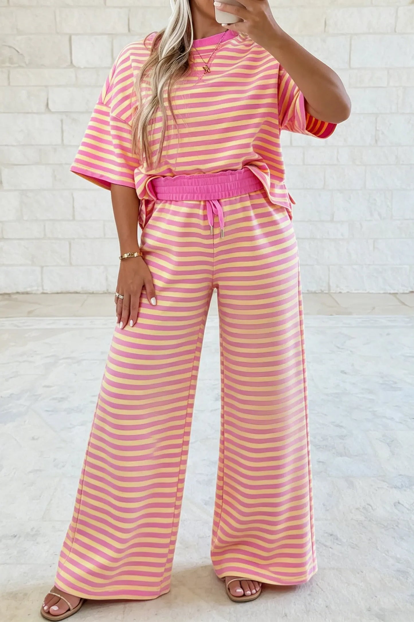 Yellow Stripe Colorblock Trim Crew Neck Loose Tee Drawstring Elastic Waist 2pcs Pant Set