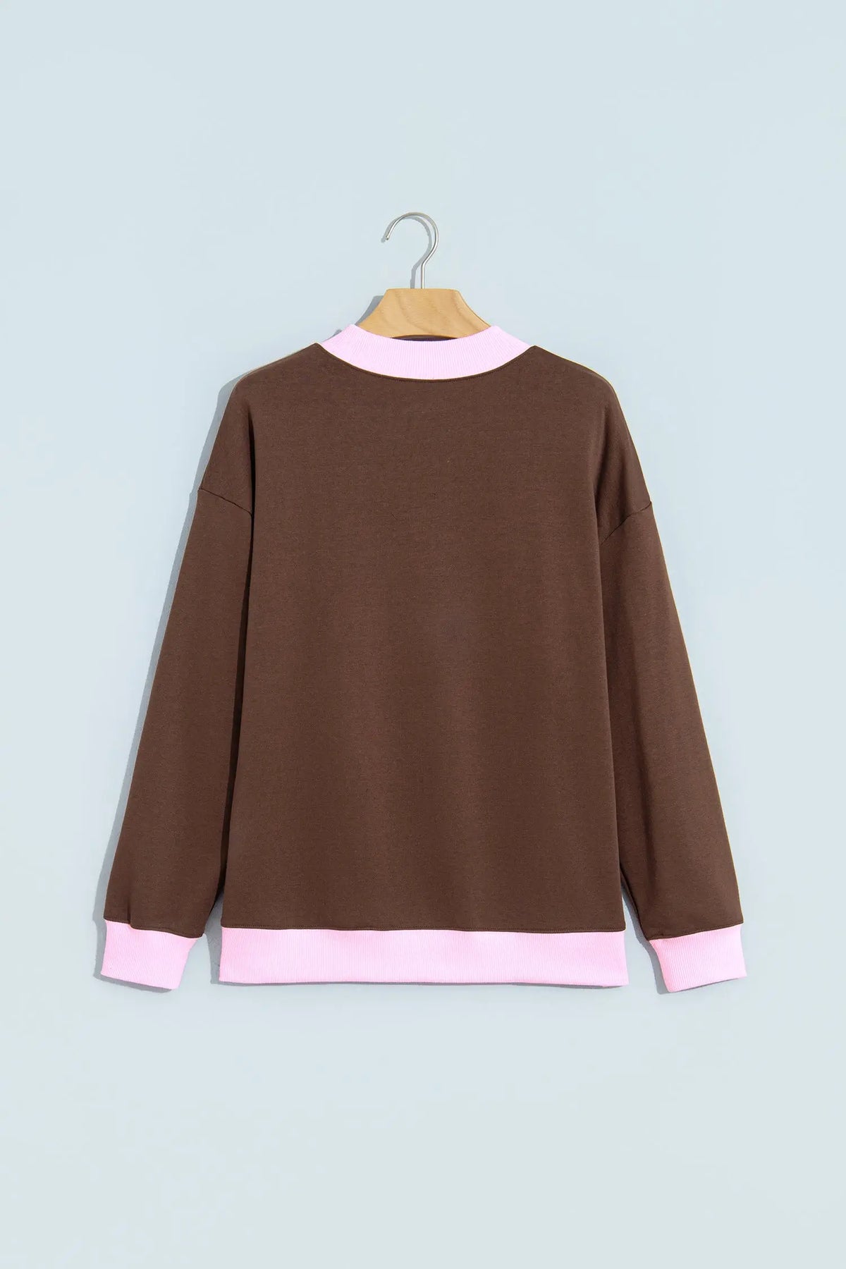 Coffee Colorblock Trim Crewneck Long Sleeve Pullover Sweatshirt