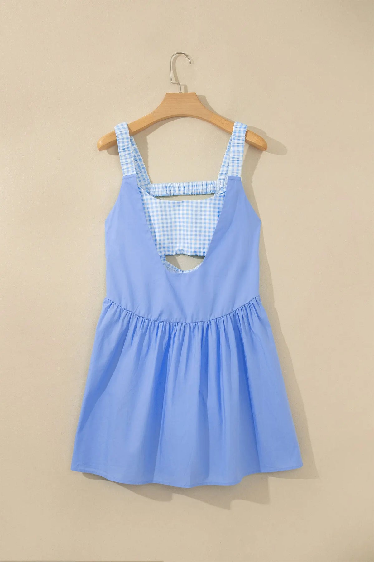 Beau Blue Faux Two Piece Gingham Contrast Patchwork Loose Mini Dress hanging view · nz-alt-v1