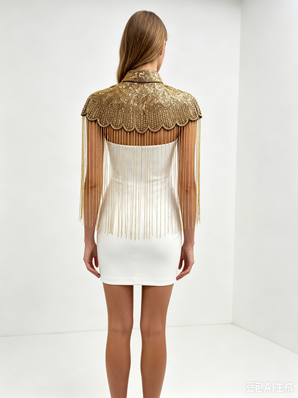 Ivory Mini Dress with Gold Beaded Fringe Capelet model back view · nz-alt-v1