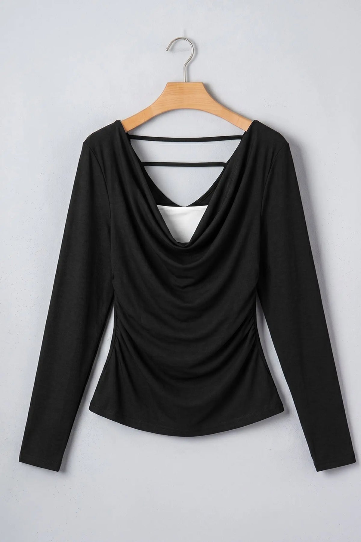 Black Color Block Drape V Neck Pleated Long Sleeve Top