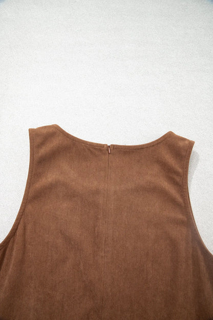 Coffee Geometric Embroidery Sleeveless Corduroy Shift Dress