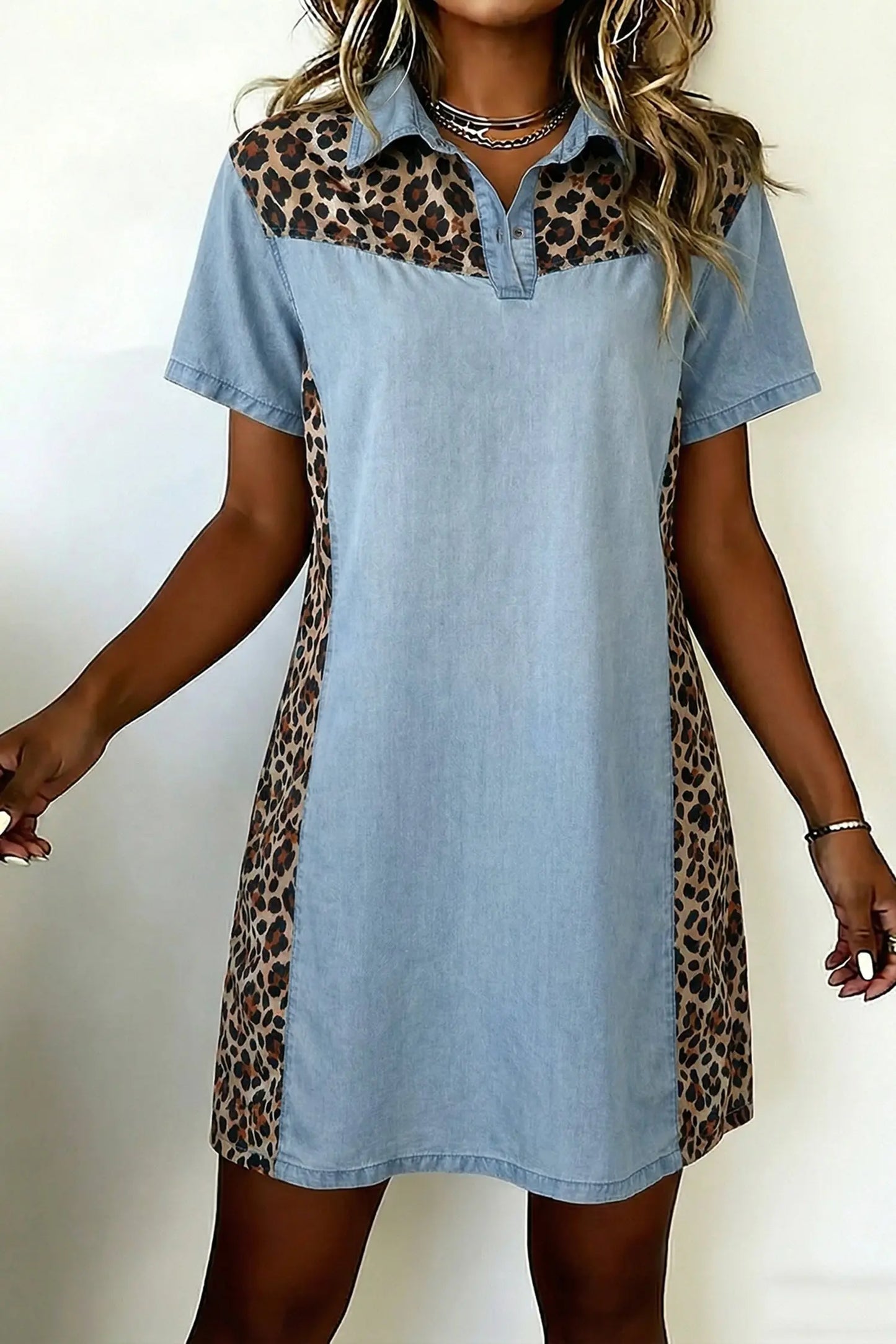 Myosotis Denim Color Block Leopard Patchwork Shirt Collar T Shirt Mini Dress Dear-Lover Dropshipping