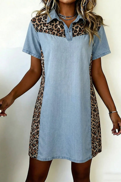 Myosotis Denim Color Block Leopard Patchwork Shirt Collar T Shirt Mini Dress Dear-Lover Dropshipping