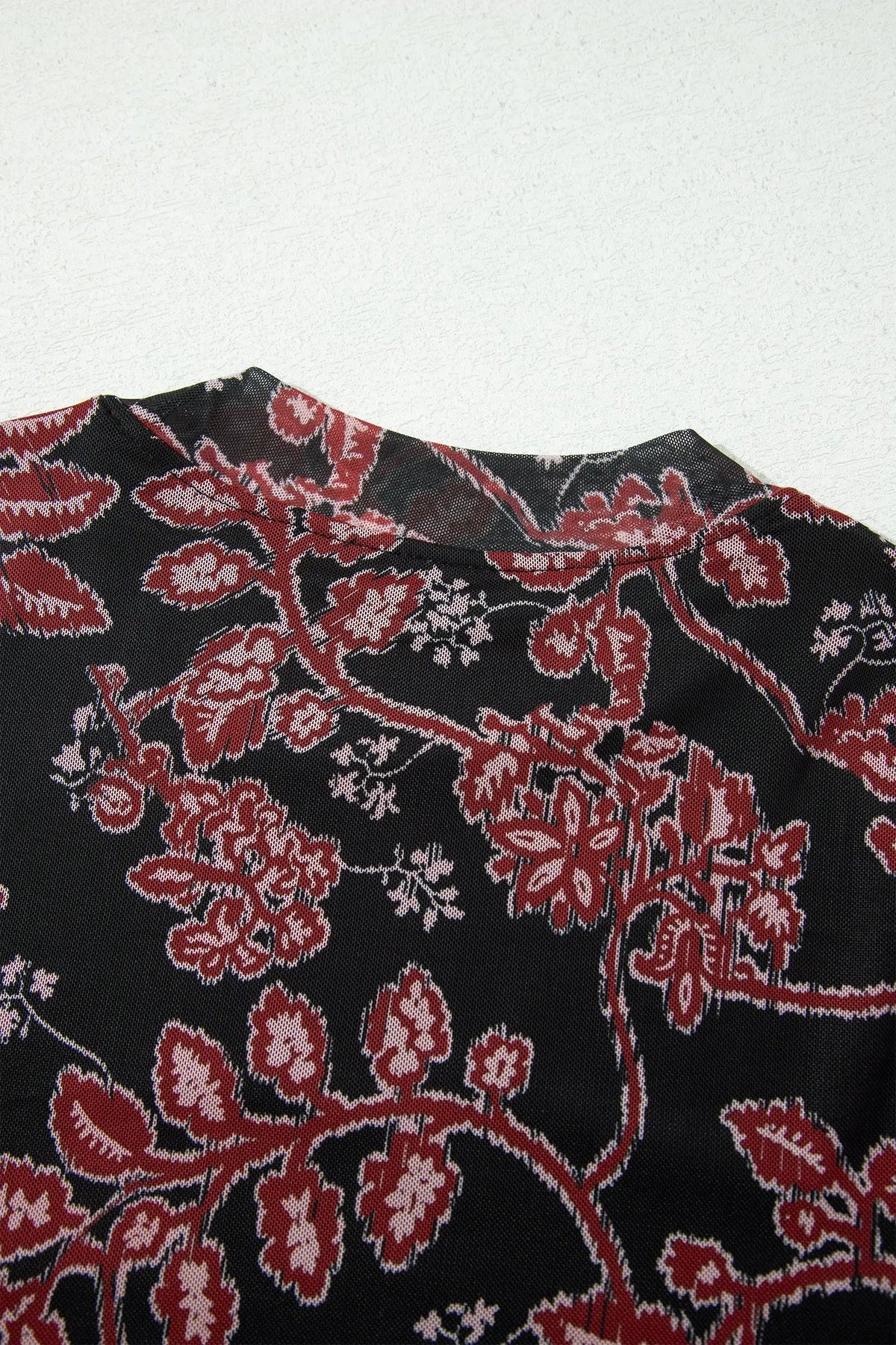 Black Retro Floral Print Long Sleeve Casual Mesh Dress